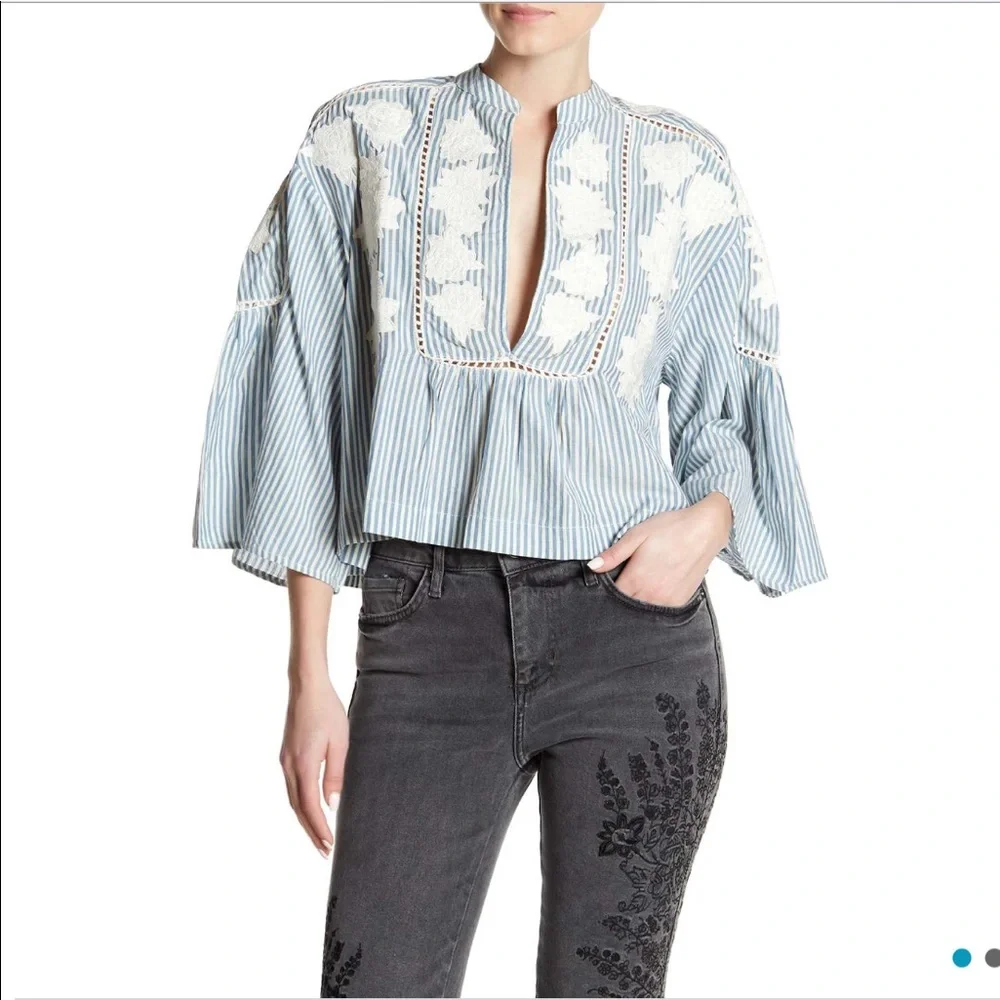 Free People Blue and White Striped Embroidered Peasant Blouse